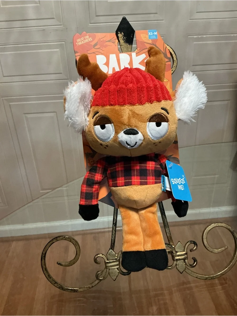 Bark Box Reindeer Crinkle Squeaker Dog Toy Plush Hat Buffalo Check Sweater 11”